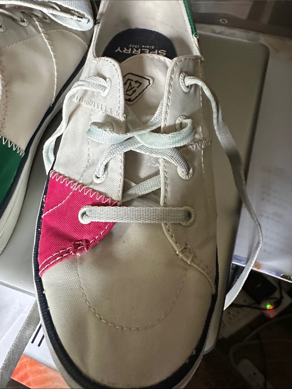 Sperry White Canvas Lace-Up Sneakers with Pink and Green Accents